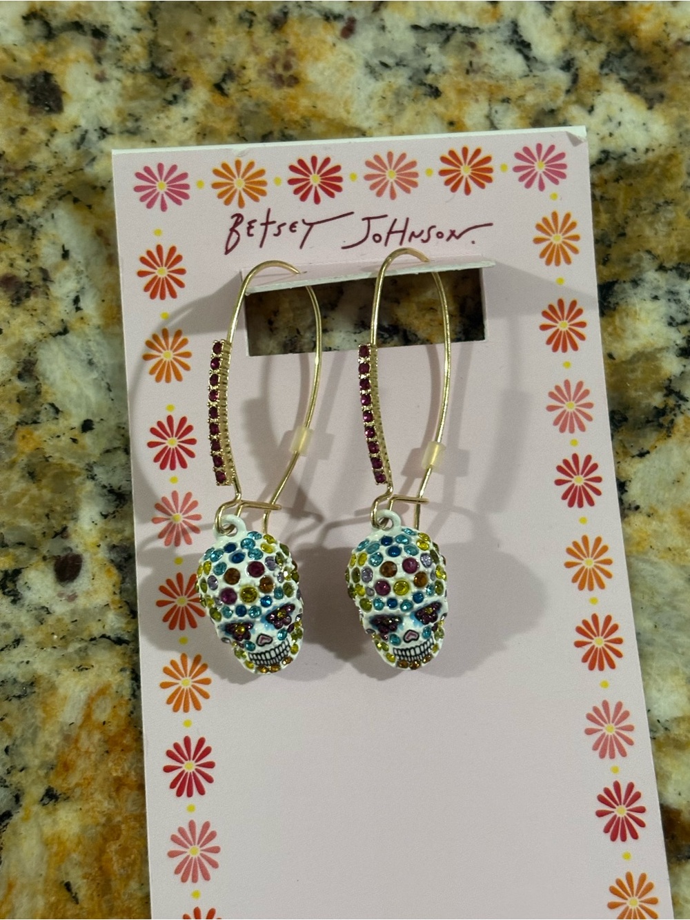Betsey Johnson Multicolor Halloween Crystal Skull Drop Earrings - Gold Tone